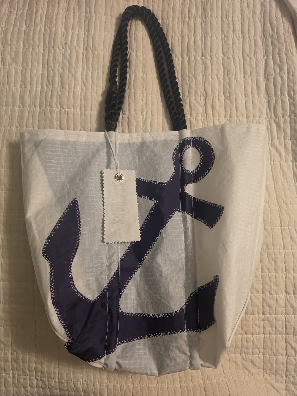 Sea Bags - White & Navy Anchor Tote Bag with Rope Handles